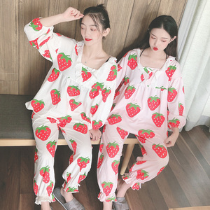 日系可爱粉色草莓睡衣女春秋纯棉长袖宽松款甜美家居服套装秋冬季