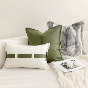 现代简约清新绿色皮革抱枕沙发客厅兔毛靠枕灰白羊毛混纺靠垫靠包