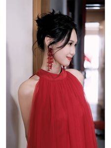 新中式晨袍新娘结婚敬酒服订婚连衣裙红色挂脖婚后便装回门晚礼服
