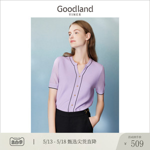 【爆款升级】Goodland美地女装夏季V领复古泡泡袖针织衫