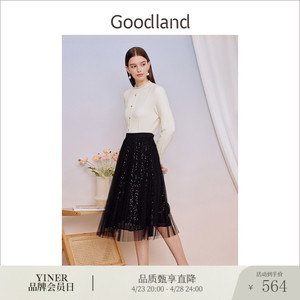 Goodland美地女装春秋法式针织衫羊毛混纺木耳花边上衣