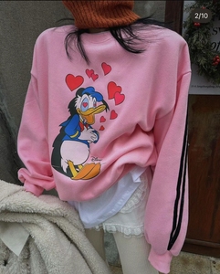 韩国代购卫衣女新品上衣两条杠袖子洋气可爱卡通图案圆领宽松减龄