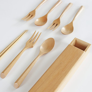 包邮日式原木创意便携餐具勺叉筷子三件套木盒子套装学生旅行餐具