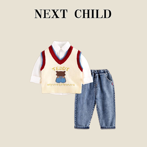 英国Next Child男童春秋英伦学院风衬衫套装洋气宝宝毛衣马甲三件