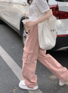 【WASEI水冰冰】直筒牛仔裤女2023年新款粉色裤子工装裤休闲长裤