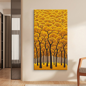 发财树黄金色森林手绘油画卡通树林装饰画客厅挂画入户玄关丙烯画