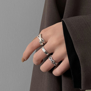 韩版S925银镂空六芒星戒指女复古时尚线条交叉罗马数字开口食指环