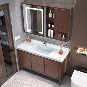 中式橡木浴室柜组合落地实木洗手盆洗脸池卫生间智能镜柜洗漱台