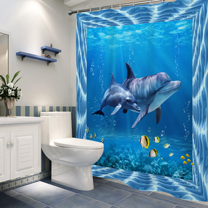 3D海豚浴帘卧室隔断帘加厚防水防霉浴帘布浴室挂帘门帘海洋风窗帘
