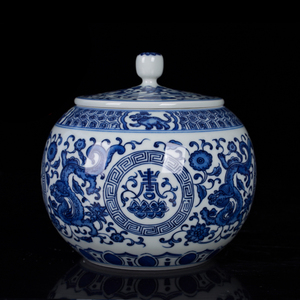 景德镇陶瓷 青花瓷龙纹储物罐摆件 家用茶室茶桌装茶茶叶罐大号