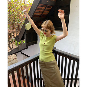 OCTOBER多巴胺镂空性感针织衫背心女短袖夏季小个子修身绿色上衣