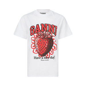 GANNI24春夏新款白色棉质字母草莓印花女士圆领休闲短袖T恤