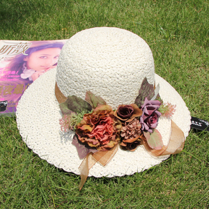 帽子女夏季 韩版太阳帽海滩出游旅游帽纸草蕾丝花朵帽子防紫外线