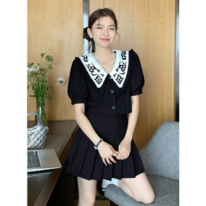 2024夏季韩版学院风气质涤纶大码女上衣搭配百褶短裙两件时尚套装