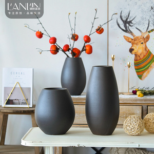 现代北欧客厅装饰插花干花仿真花桌子摆件纯黑色花器简约陶瓷花瓶