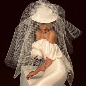 新款黑白色大网格硬纱头纱 新娘结婚纱摄影拍照造型纱 菱形网眼纱