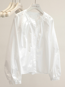 穿出高级感！2024春季新款韩版圆领单排扣长袖衬衫女白色纯棉衬衣