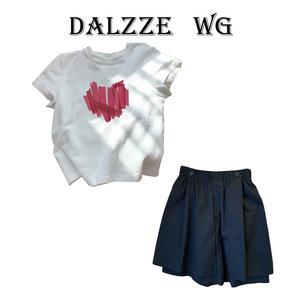 DALZZE WG夏季韩版宽松爱心印花短袖T恤+高腰阔腿短裤两件套装女