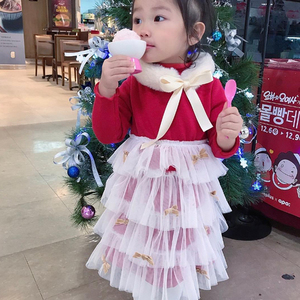 韩国进口春秋冬女童可爱舒适加绒加厚长袖蛋糕纱纱连衣裙 拜年服