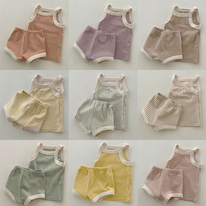 韩版婴儿衣服夏装男女宝宝分体套装洋气纯色吊带上衣裤子两件套薄