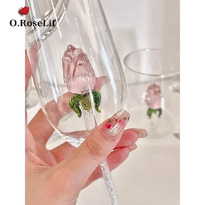 法式浪漫玫瑰红酒杯香槟杯杯中立体玫瑰设计结婚订婚礼物伴手礼