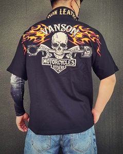 vanson万森短袖黑色tee 摩托机车刺绣款半袖T恤火焰骷髅