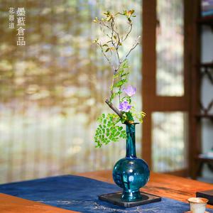 孔雀蓝花瓶摆件新中式玻璃透明琉璃花器客厅禅意中式日式插花器皿