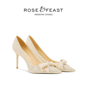 ROSEFEAST婚宴鞋 水晶婚鞋金色蝴蝶结高跟新娘鞋日常婚礼两穿单鞋