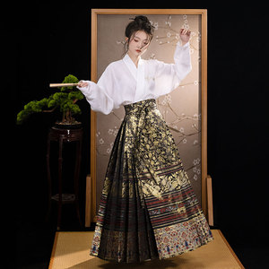 空谷记汉服 满地金织金缎面一片式传统马面裙梯形褶，拍照北京穿