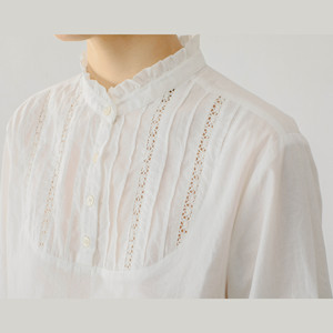 三良洋货COUDRE法式复古少女古典立领镂空百代丽花边白色棉质衬衫