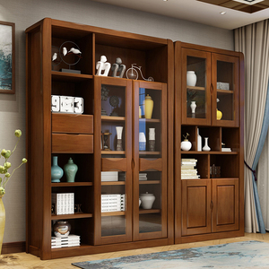 新中式实木组合书柜书橱一体靠墙简约书架带玻璃门书房置物架落地
