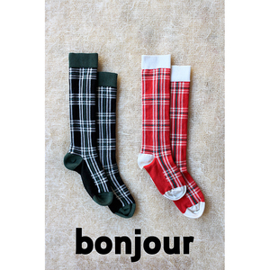 现货 雯的店 BONJOUR 23秋冬 儿童绿色 红色格纹中筒袜复古学院