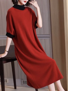 卡米兰红色羊毛针织连衣裙女2023冬装新款宽松中长款五分袖A字裙