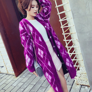 反季特价秋冬格子貂绒大衣针织开衫紫色宽松双层加厚超长款外套女