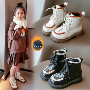 儿童皮靴2023年秋冬新款简约靴子女童马丁靴加绒加厚亮面时尚短靴