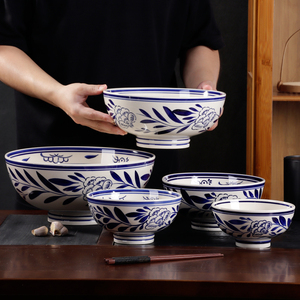 青花瓷汤面碗釉下彩陶瓷餐具家用高脚加厚大碗仿古牛肉面大号汤碗