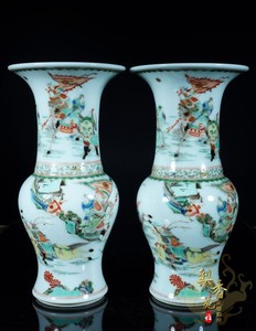 五彩刀马旦花觚一对景德镇陶瓷器仿古瓷清代古董古玩玄关花瓶摆件