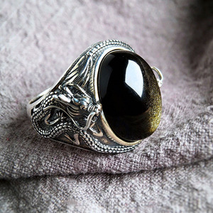 原创设计纯银饰复古天然金耀石戒指金色猫眼石男款开口黑体金光龙
