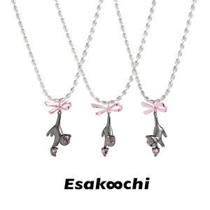 Esakoochi漂亮的小猫~原创小众设计项链黑猫粉色蝴蝶结锁骨链女