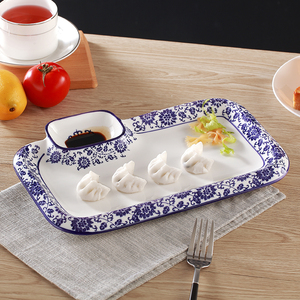 创意青花瓷饺子盘寿司盘子长方盘陶瓷蛋糕盘子欧式带格酱料饺子盘