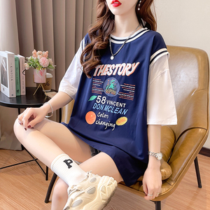 假两件短袖t恤女夏2023新款韩版初中高中学生宽松休闲篮球服上衣