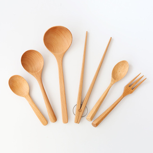 实木叉子勺子食品夹子 榉木餐具套装 汤勺粥勺食物夹家用木头饭勺