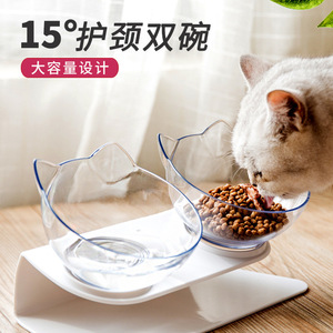新款网红猫头双碗 食品级PC倾斜护颈猫碗 可拆易清洗宠物碗