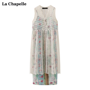 拉夏贝尔/La Chapelle蕾丝刺绣连衣裙女复古印花度假风吊带裙套装