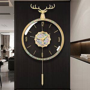 欧式鹿头创意黄铜贝壳客厅静音挂钟自动对时现代装饰石英钟表墙饰