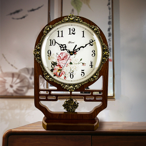新中式座钟客厅大号静音钟表装饰摆件复古桌面木质温度万年历台钟
