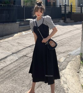 90weidan韩国制造正品现货 黑白条纹t恤套装吊带抹胸连衣裙两件套