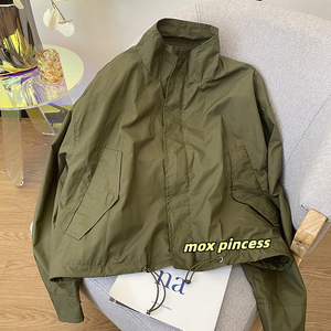 MOX  军绿色复古短外套女2024春季新款小众韩版炸街短款夹克上衣