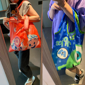 现货韩国新款可折叠收纳蓝色橙色超市便携袋单肩大包布女包