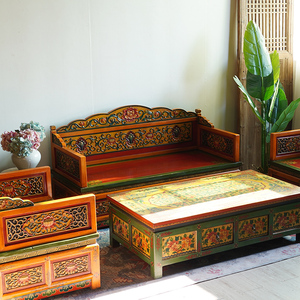 藏式彩绘禅椅东南亚沙发床实木雕刻盘腿打坐椅罗汉床民宿复古椅